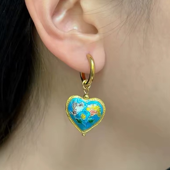Vintage Ethnic Blue Enamel 18K Gold Stainless Steel Gold Heart Earrings - Picture 4 of 5